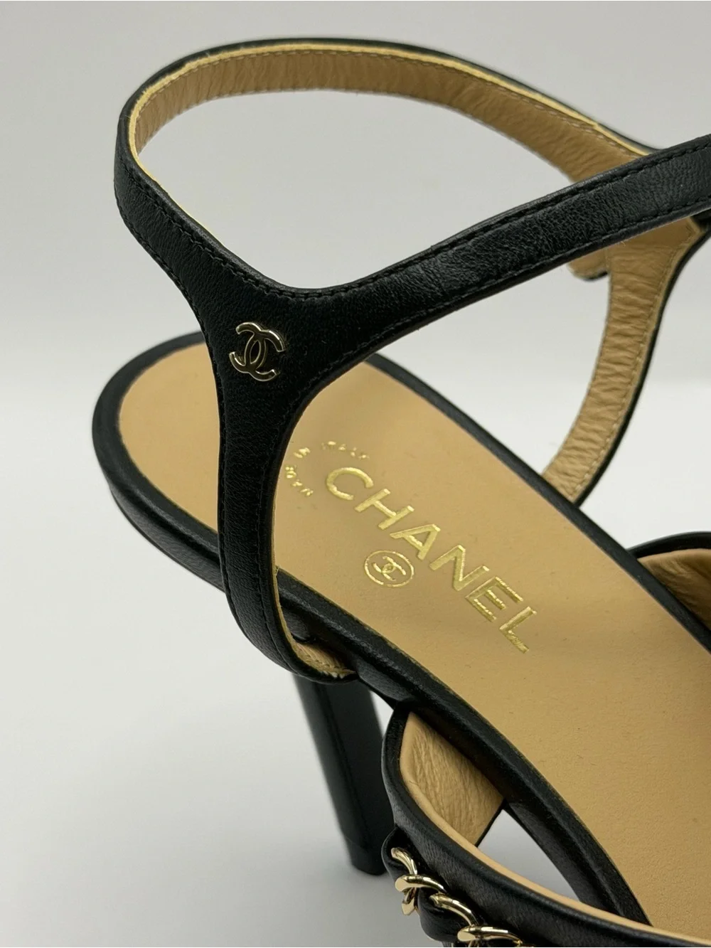 CHANEL Black Leather Chain-Trim High Heel Sandals